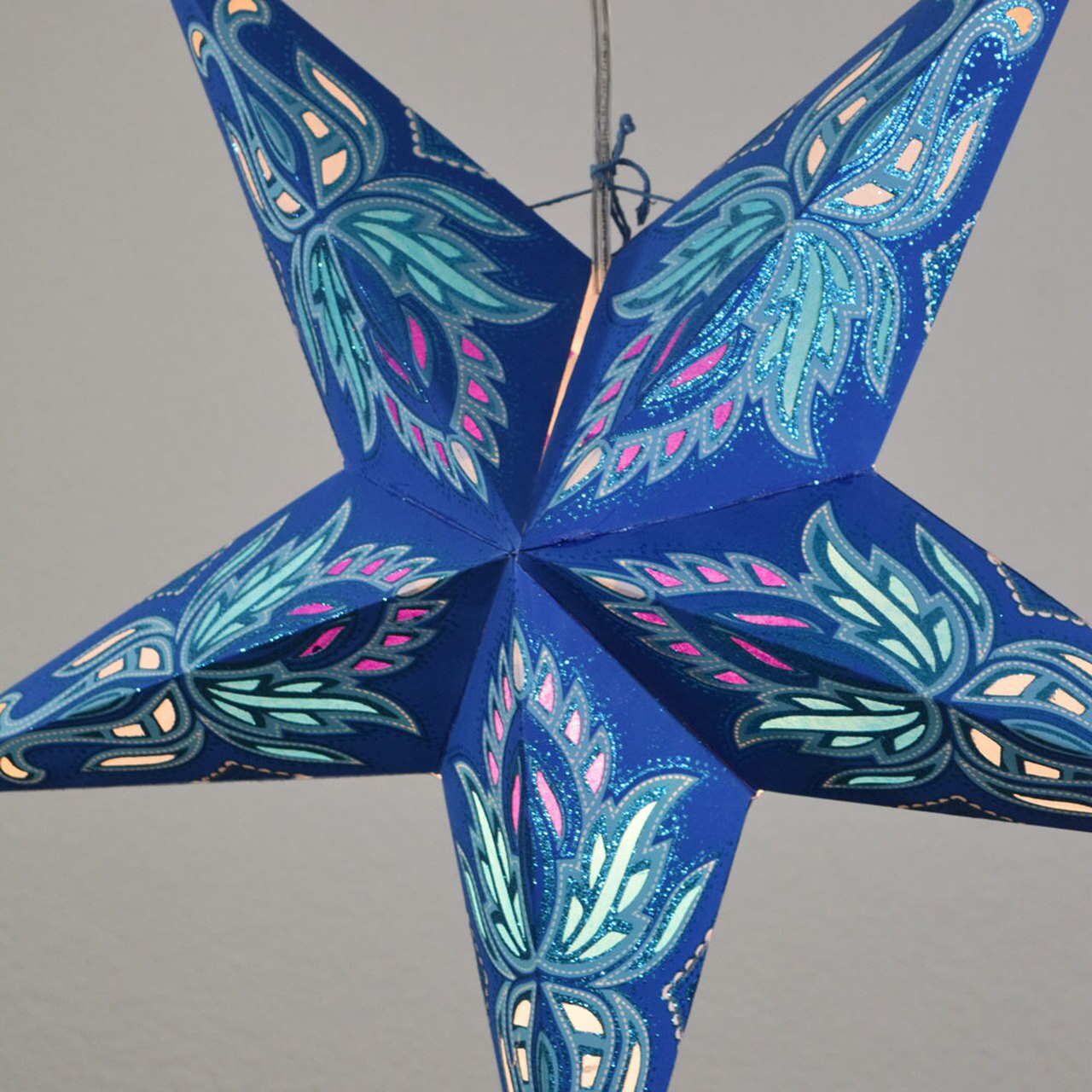 3-PACK + Cord | Dark Blue Lotus Glittered 24" Illuminated Paper Star Lanterns and Lamp Cord Hanging Decorations - PaperLanternStore.com - Paper Lanterns, Decor, Party Lights & More