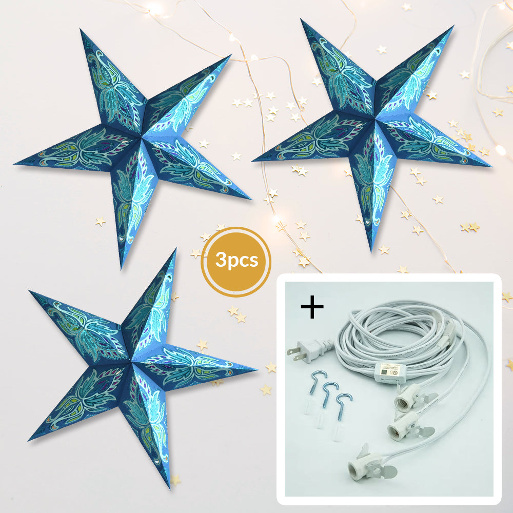 3-PACK + Cord | Dark Blue Lotus Glittered 24" Illuminated Paper Star Lanterns and Lamp Cord Hanging Decorations - PaperLanternStore.com - Paper Lanterns, Decor, Party Lights & More