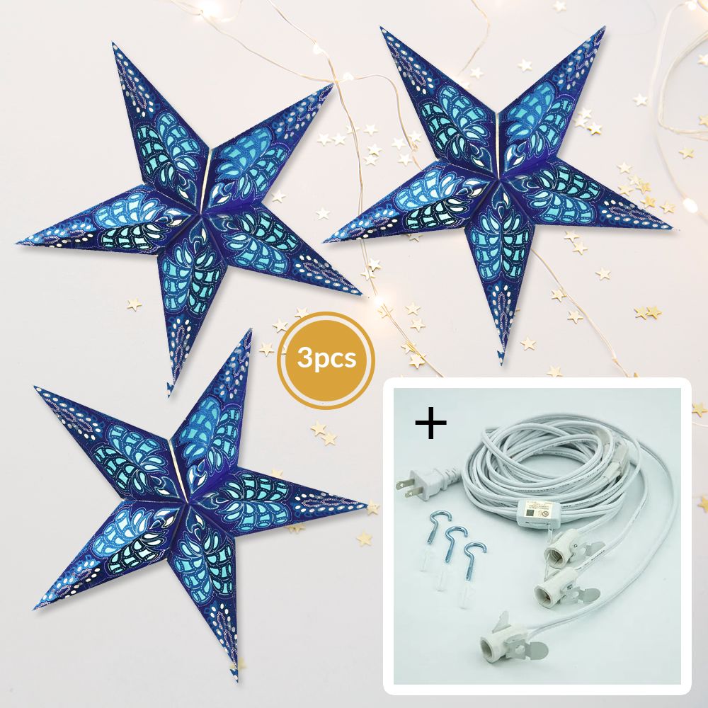 3-PACK + Cord | Blue Monarch Glitter 24&quot; Illuminated Paper Star Lanterns and Lamp Cord Hanging Decorations - PaperLanternStore.com - Paper Lanterns, Decor, Party Lights &amp; More