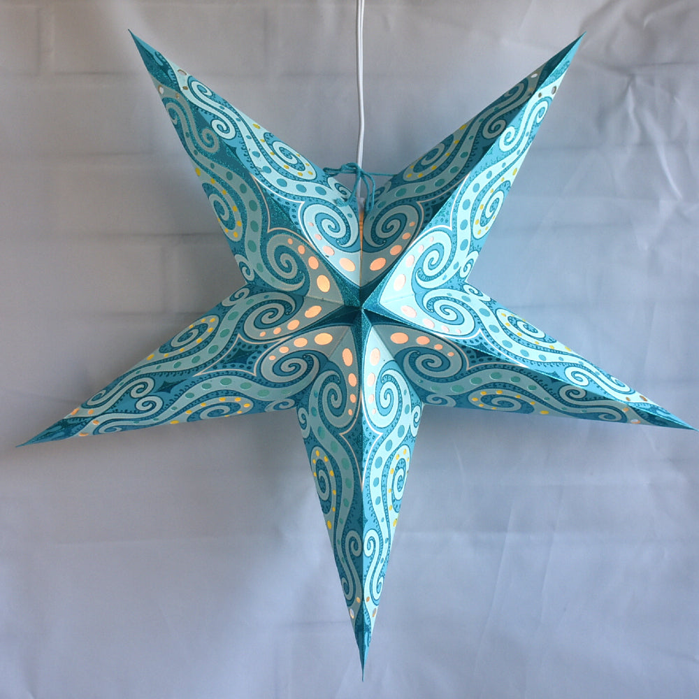 3-PACK + Cord | Light Blue Mouri Glitter 24&quot; Illuminated Paper Star Lanterns and Lamp Cord Hanging Decorations - PaperLanternStore.com - Paper Lanterns, Decor, Party Lights &amp; More