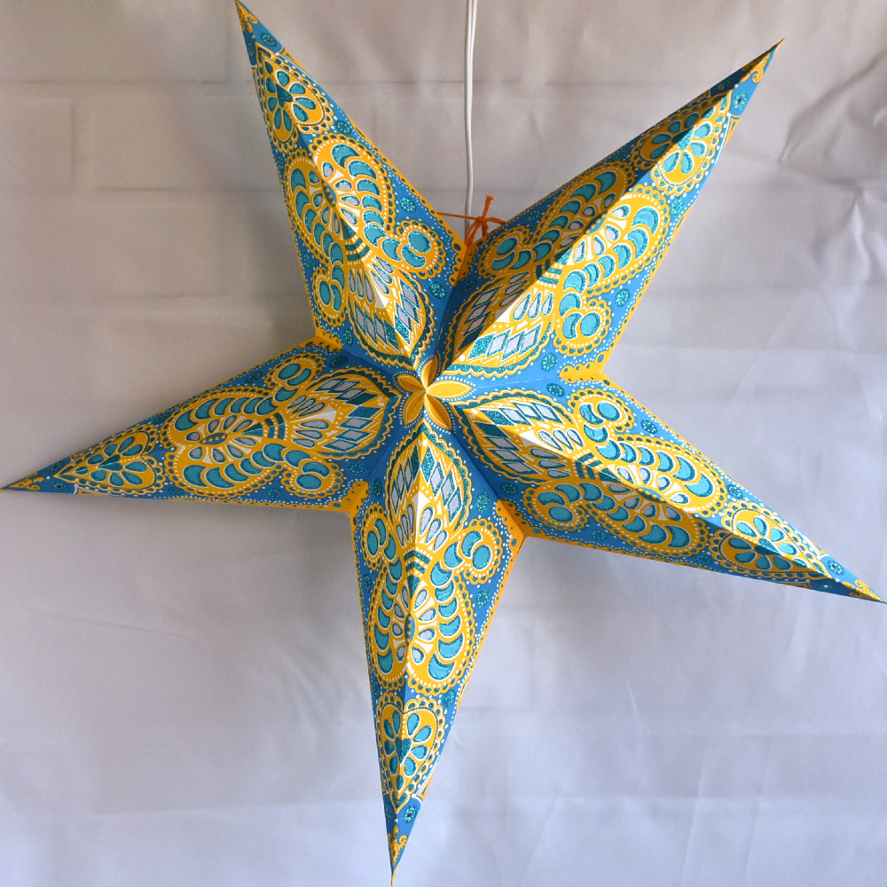 3-PACK + Cord | Turquoise Blue and Yellow Glitter Peacock 24&quot; Illuminated Paper Star Lanterns and Lamp Cord Hanging Decorations - PaperLanternStore.com - Paper Lanterns, Decor, Party Lights &amp; More