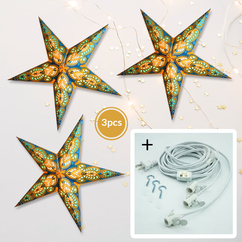 3-PACK + Cord | Turquoise Blue and Yellow Glitter Peacock 24" Illuminated Paper Star Lanterns and Lamp Cord Hanging Decorations - PaperLanternStore.com - Paper Lanterns, Decor, Party Lights & More