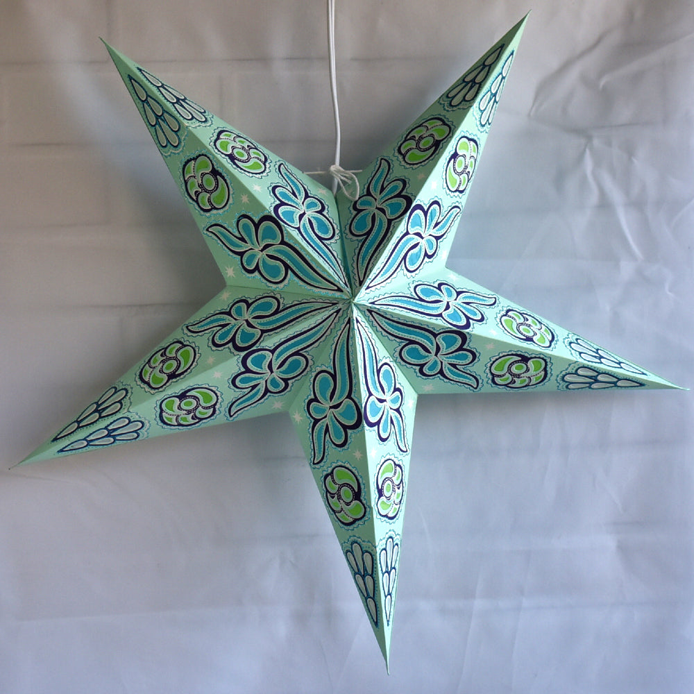 3-PACK + Cord | Green Dahlia 24&quot; Illuminated Paper Star Lanterns and Lamp Cord Hanging Decorations - PaperLanternStore.com - Paper Lanterns, Decor, Party Lights &amp; More