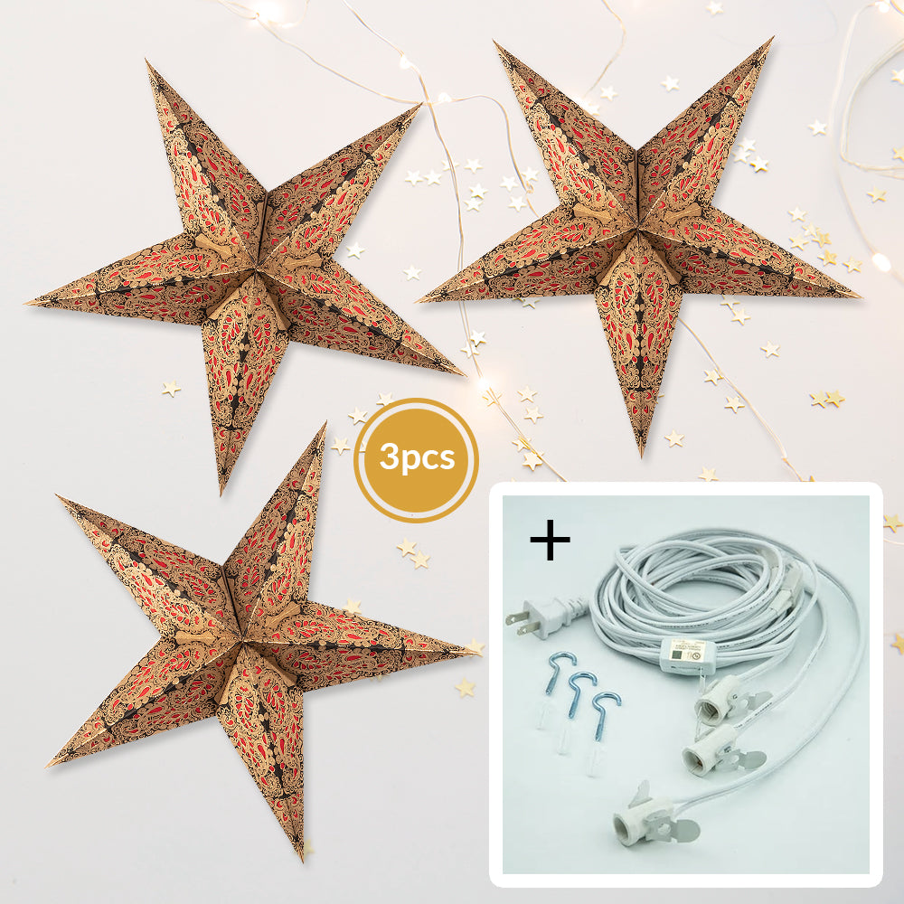 3-PACK + Cord | Red Lace Paisley 24&quot; Illuminated Paper Star Lanterns and Lamp Cord Hanging Decorations - PaperLanternStore.com - Paper Lanterns, Decor, Party Lights &amp; More