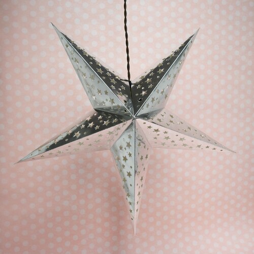 3-PACK + Cord | Silver Starry Night 26&quot; Illuminated Paper Star Lanterns and Lamp Cord Hanging Decorations - PaperLanternStore.com - Paper Lanterns, Decor, Party Lights &amp; More