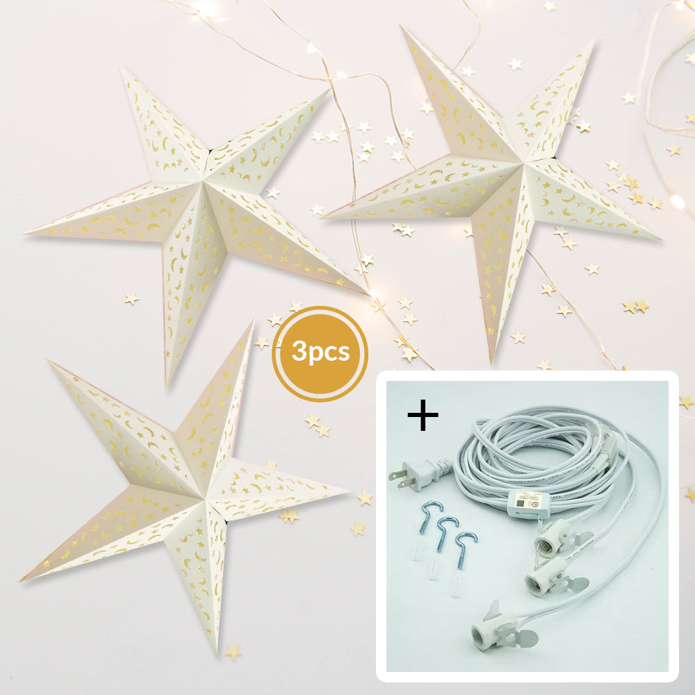 3-PACK + Cord | White Moon and Stars 24&quot; Illuminated Paper Star Lanterns and Lamp Cord Hanging Decorations - PaperLanternStore.com - Paper Lanterns, Decor, Party Lights &amp; More