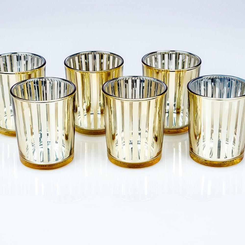 Stripe Votive Tea Light Glass Candle Holder - Gold (2.5 Inches) (6 PACK) - PaperLanternStore.com - Paper Lanterns, Decor, Party Lights & More