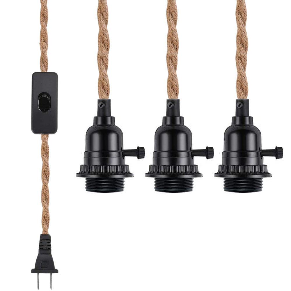 Jute Rope Triple Socket Black Pendant Light Lamp Cord for Lanterns, E26, Switch, 19 FT