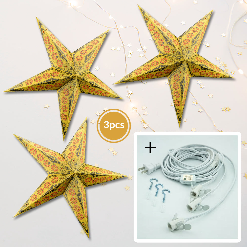 3-PACK + Cord | Yellow Petal Cut 24" Illuminated Paper Star Lanterns and Lamp Cord Hanging Decorations - PaperLanternStore.com - Paper Lanterns, Decor, Party Lights & More