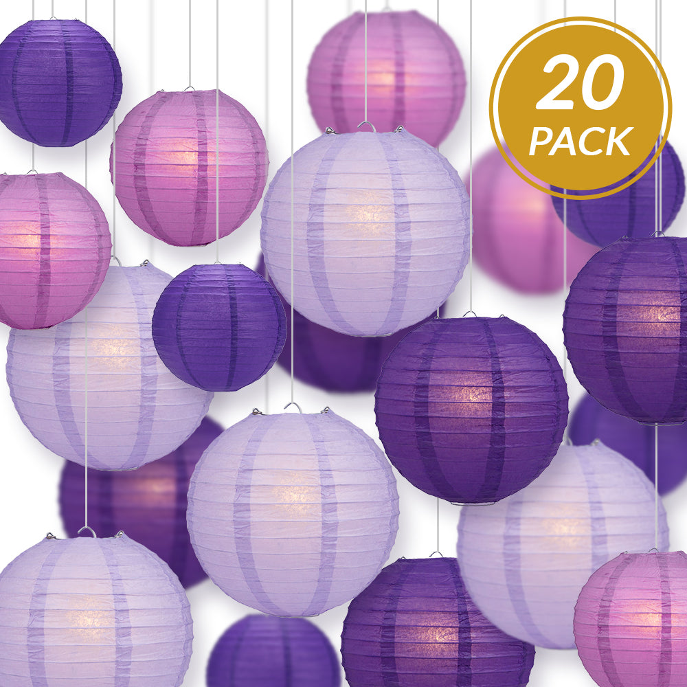 Ultimate 20-Piece Purple Variety Paper Lantern Party Pack - Assorted Sizes of 6", 8", 10", 12" (5 Round Lanterns Each) for Weddings, Birthday, Events and Decor - PaperLanternStore.com - Paper Lanterns, Decor, Party Lights & More