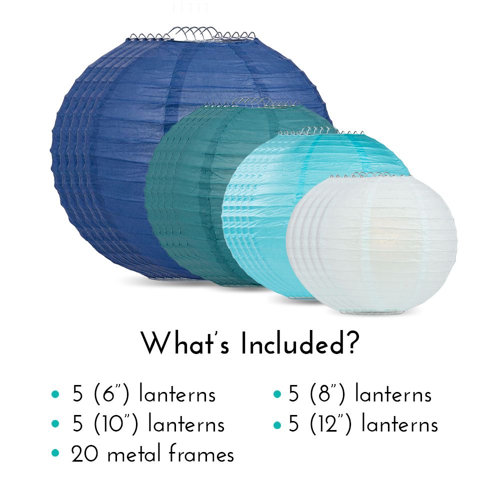 Ultimate 20-Piece Sea Blue Variety Paper Lantern Party Pack - Assorted Sizes - 6&quot;, 8&quot;, 10&quot;, 12&quot; (5 Round Lanterns Each) for Weddings, Events and Decor - PaperLanternStore.com - Paper Lanterns, Decor, Party Lights &amp; More