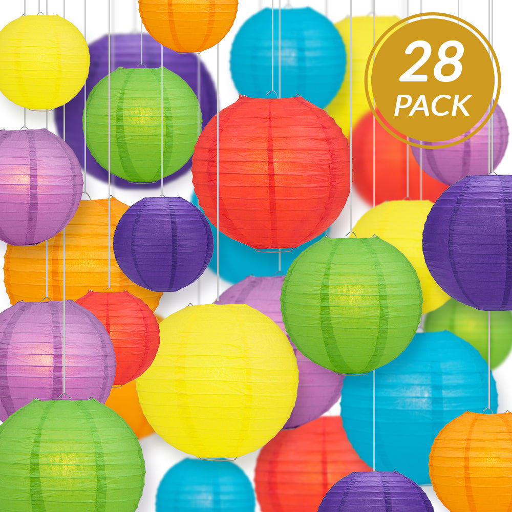 Ultimate 28-Piece Rainbow Variety Paper Lantern Party Pack - Assorted Sizes of 6", 8", 10", 12" (7 Round Lanterns Each) for Weddings, Events and Decor - PaperLanternStore.com - Paper Lanterns, Decor, Party Lights & More