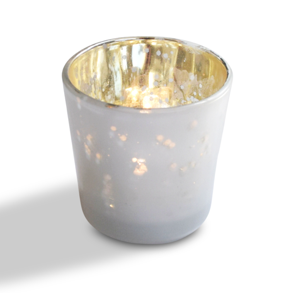 Vintage Mercury Glass Candle Holder (2.5-Inch, Lila Design, Liquid Motif, Pearl White) - For Use with Tea Lights - For Parties, Weddings and Homes