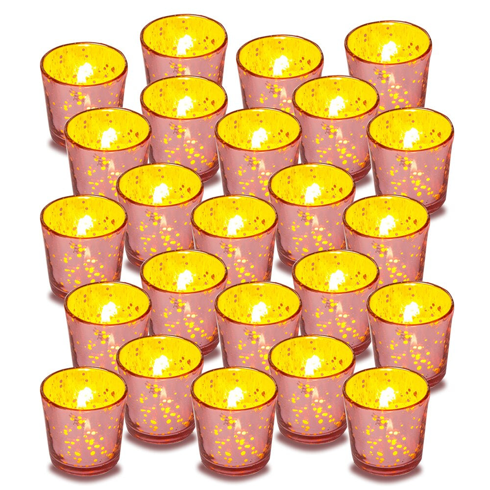 24 Pack | Vintage Mercury Glass Candle Holders (2.5-Inch, Lila Design, Liquid Motif, Rose Gold Pink) - For Use with Tea Lights - For Parties, Weddings and Homes - PaperLanternStore.com - Paper Lanterns, Decor, Party Lights &amp; More
