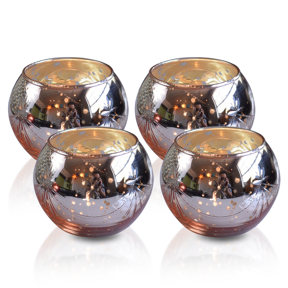 4 Pack | Vintage Mercury Glass Globe Candle Holders (3-Inch, Mary Design, Rose Gold Pink) - For use with Tea Lights - Home Decor, Parties and Wedding Decorations - PaperLanternStore.com - Paper Lanterns, Decor, Party Lights & More