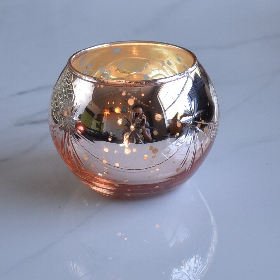 Vintage Mercury Glass Globe Holder (3-Inch, Mary Design, Rose Gold Pink) - For use with Tea Lights - Home Decor, Parties and Wedding Decorations - PaperLanternStore.com - Paper Lanterns, Decor, Party Lights & More