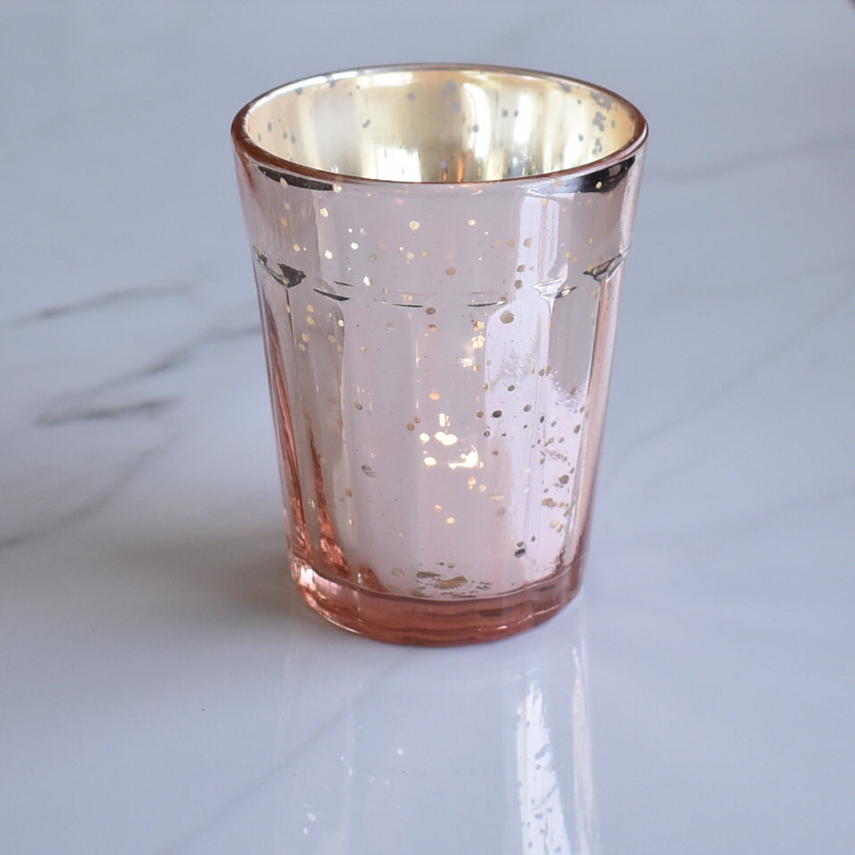 4 Pack | Vintage Mercury Glass Candle Holder (3.25-Inch, Katelyn Design, Column Motif, Rose Gold Pink) - For Use with Tea Lights - PaperLanternStore.com - Paper Lanterns, Decor, Party Lights &amp; More
