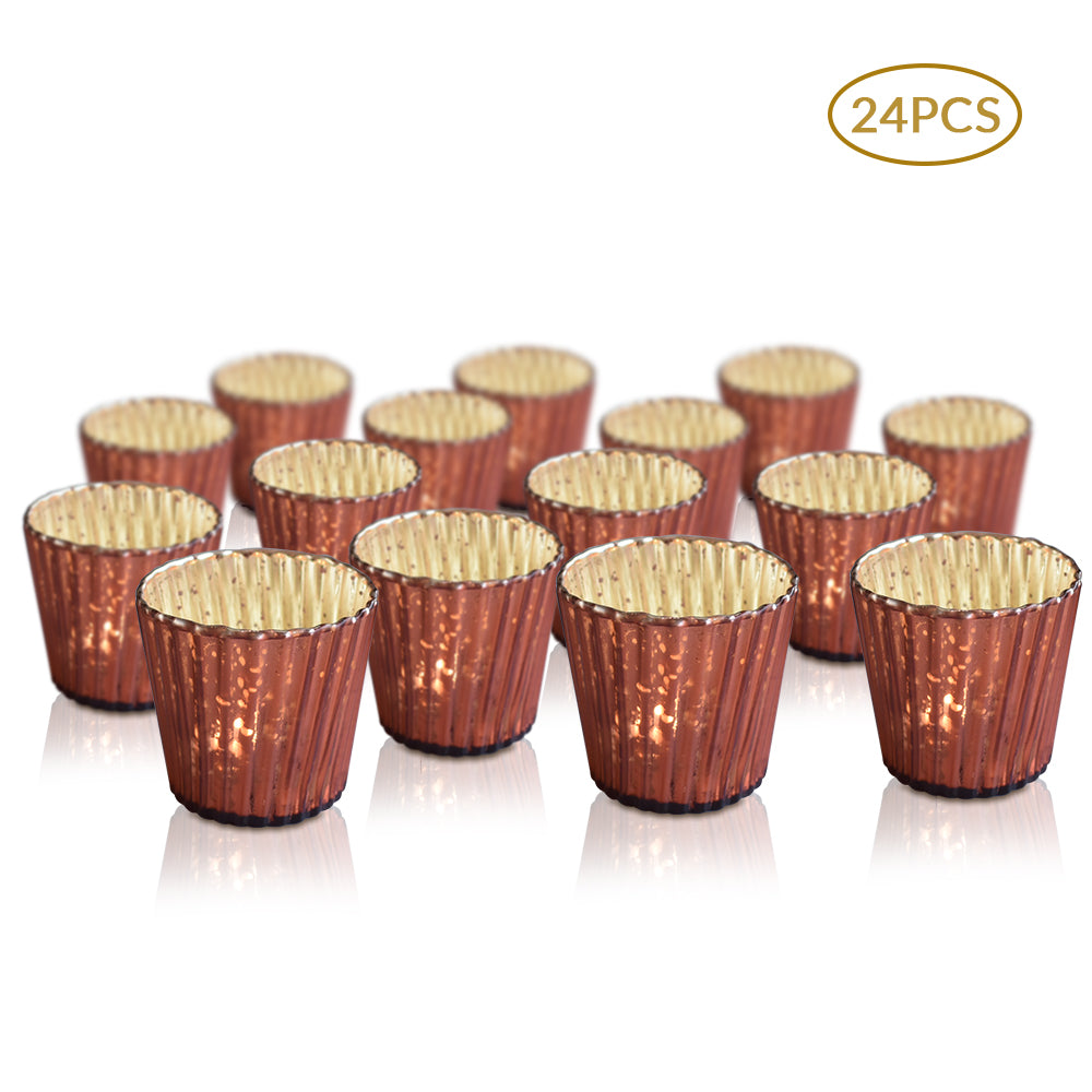 24 Pack | Vintage Mercury Glass Candle Holders (3-Inch, Caroline Design, Vertical Motif, Rustic Red Copper) - For use with Tea Lights - Home Decor, Parties and Wedding Decorations - PaperLanternStore.com - Paper Lanterns, Decor, Party Lights & More