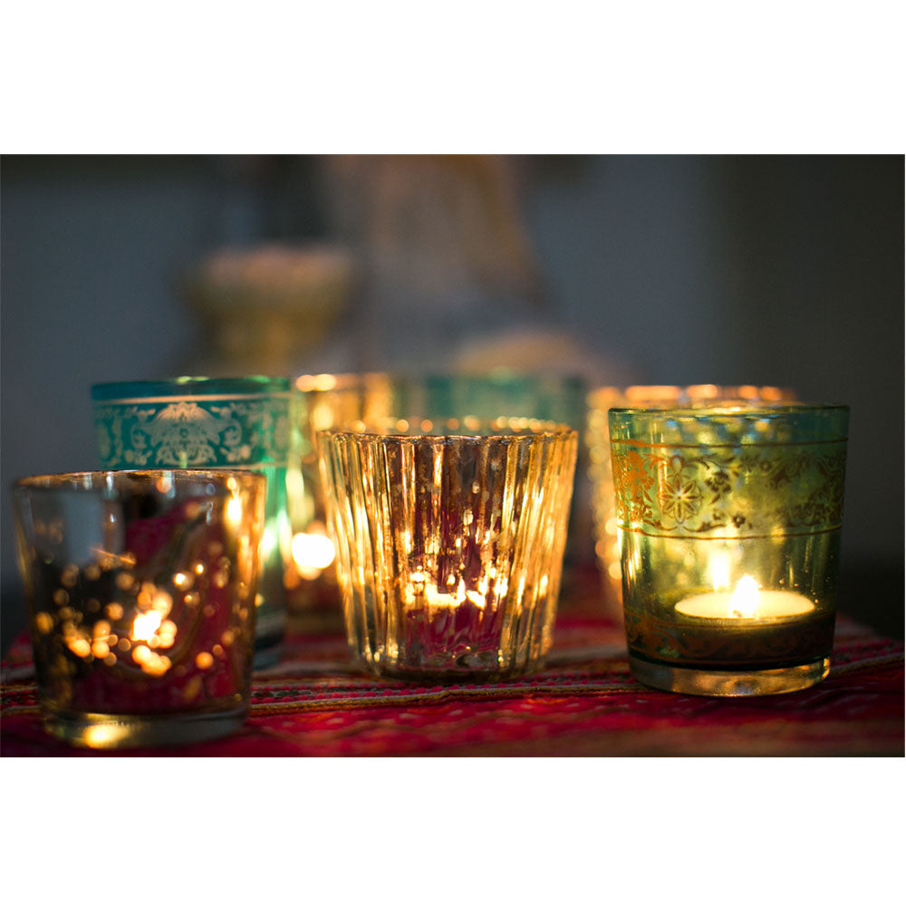 Vintage Mercury Glass Candle Holder (3-Inch, Caroline Design, Vertical Motif, Gold) - For use with Tea Lights - Home Decor, Parties and Wedding Decorations - PaperLanternStore.com - Paper Lanterns, Decor, Party Lights & More