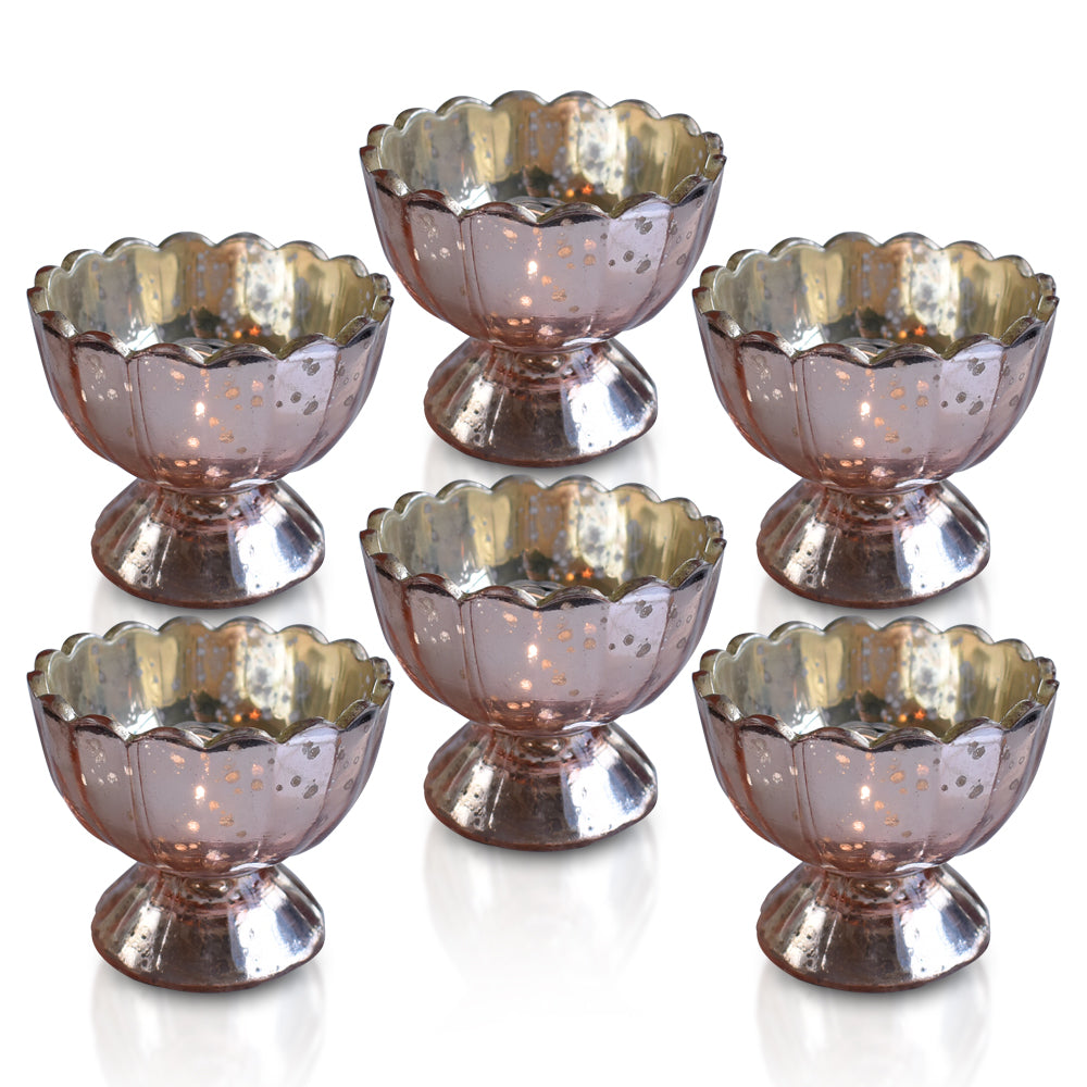 6 Pack | Vintage Mercury Glass Chalice Candle Holders (3-Inch, Suzanne Design, Sundae Cup Motif, Rose Gold Pink) - For Use with Tea Lights - For Home Decor, Parties and Wedding Decorations - PaperLanternStore.com - Paper Lanterns, Decor, Party Lights & More