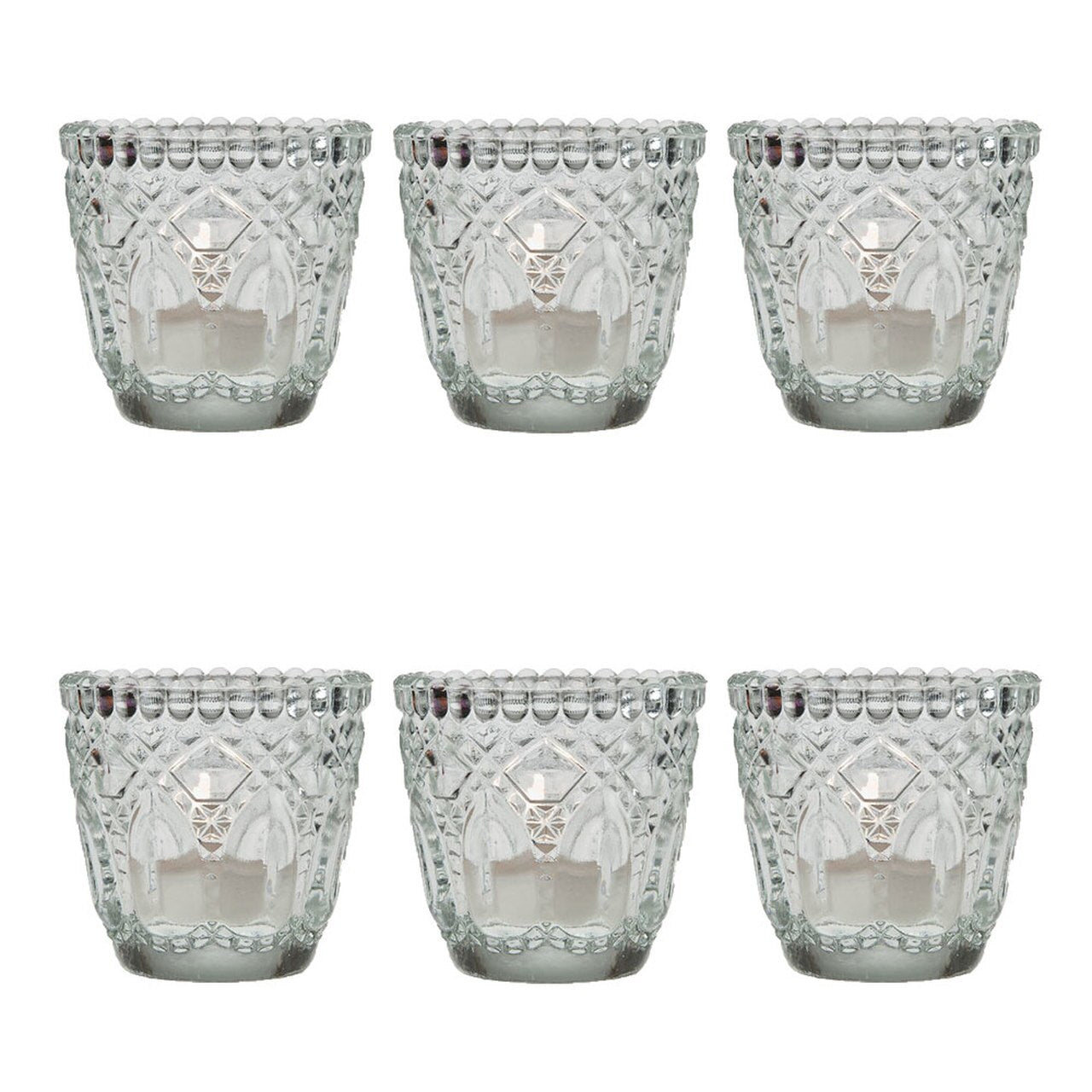 6 Pack | Faceted Vintage Glass Candle Holders (2.75-Inch, Lillian Design, Clear) - Use with Tea Lights - For Home Decor, Parties and Wedding Decorations - PaperLanternStore.com - Paper Lanterns, Decor, Party Lights & More