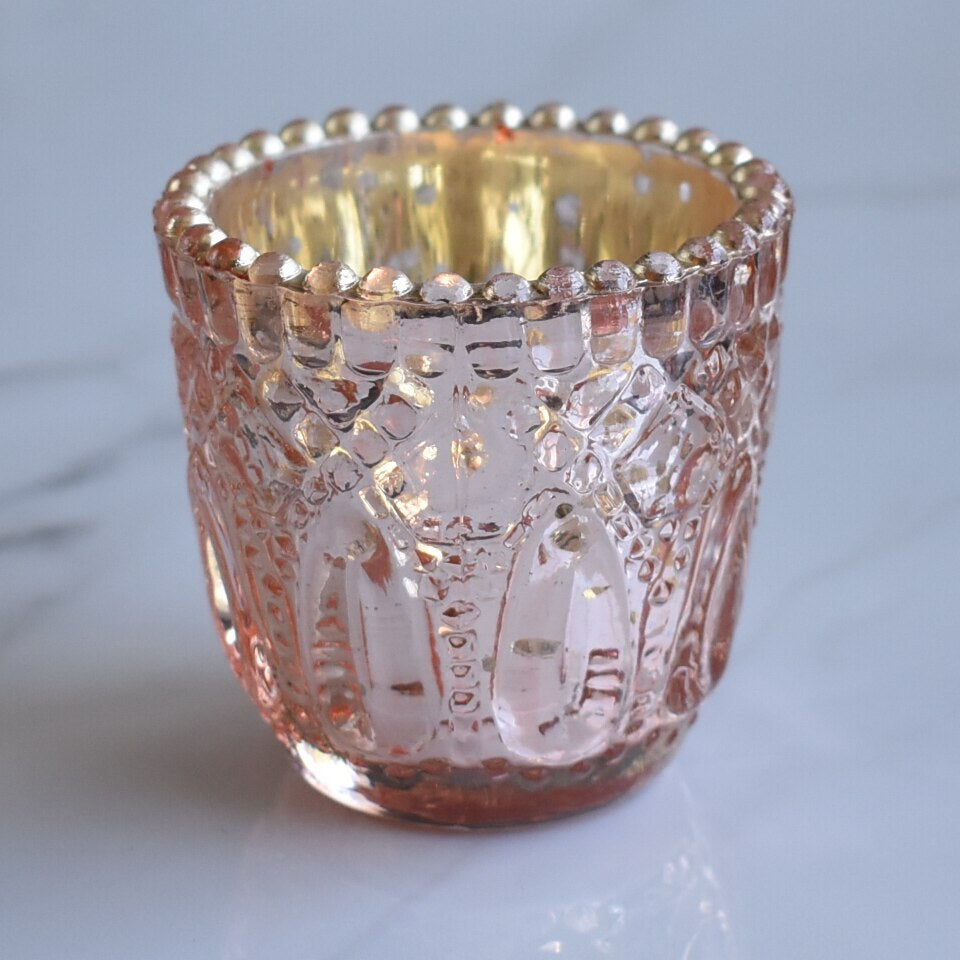 6 Pack | Faceted Vintage Mercury Glass Candle Holders (2.75-Inch, Lillian Design, Rose Gold Pink) - Use with Tea Lights - For Home Decor, Parties and Wedding Decorations - PaperLanternStore.com - Paper Lanterns, Decor, Party Lights &amp; More