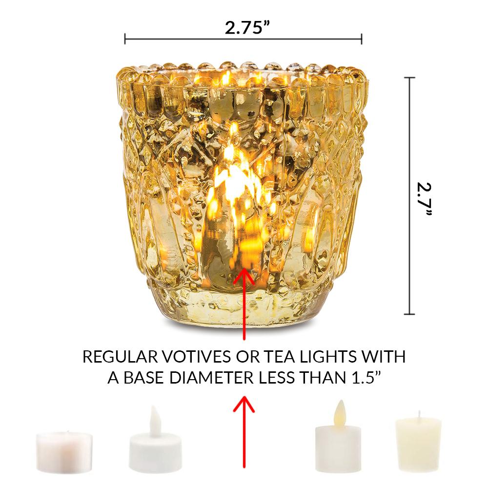 6 Pack | Faceted Vintage Mercury Glass Candle Holders (2.75-Inch, Lillian Design, Electric Pink) - Use with Tea Lights - For Home Decor, Parties and Wedding Decorations