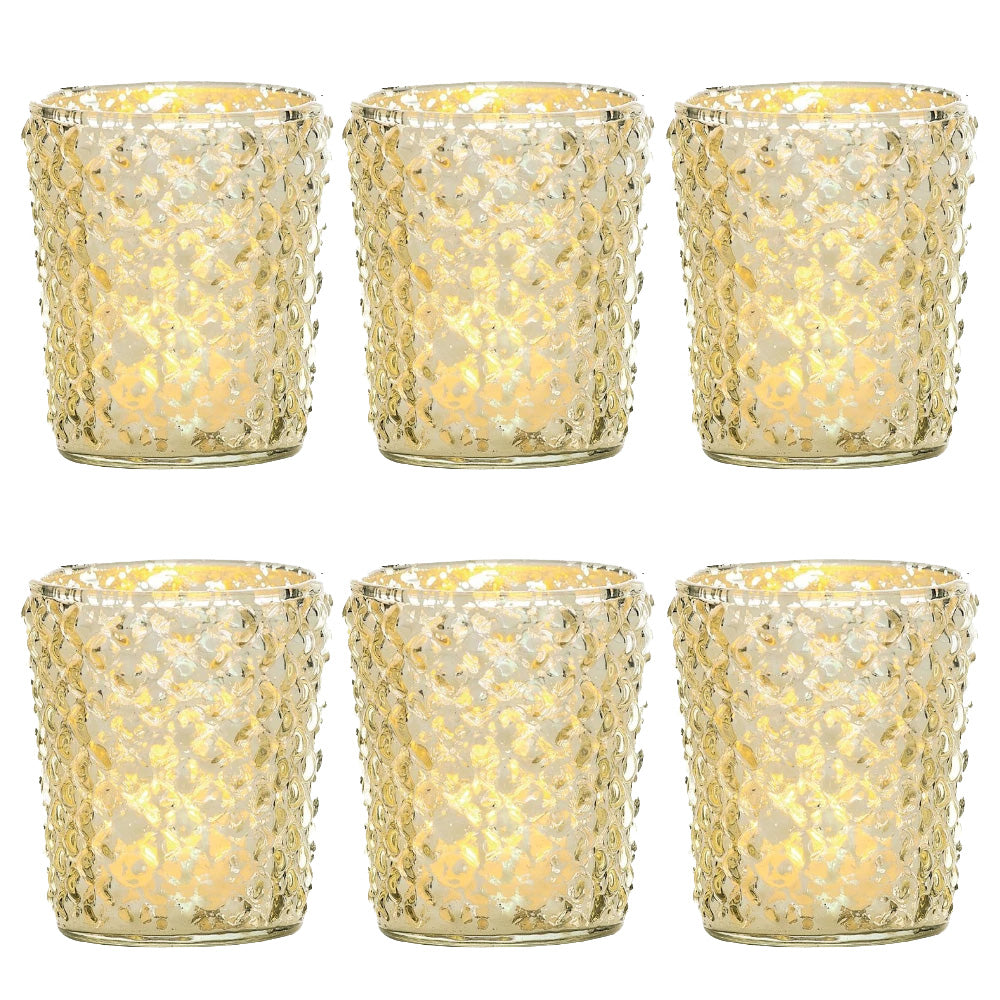 6 Pack | Vintage Mercury Glass Candle Holder (3-Inch, Zariah Design, Gold) - For Use with Tea Lights - For Home Decor, Parties, and Wedding Decorations - PaperLanternStore.com - Paper Lanterns, Decor, Party Lights & More
