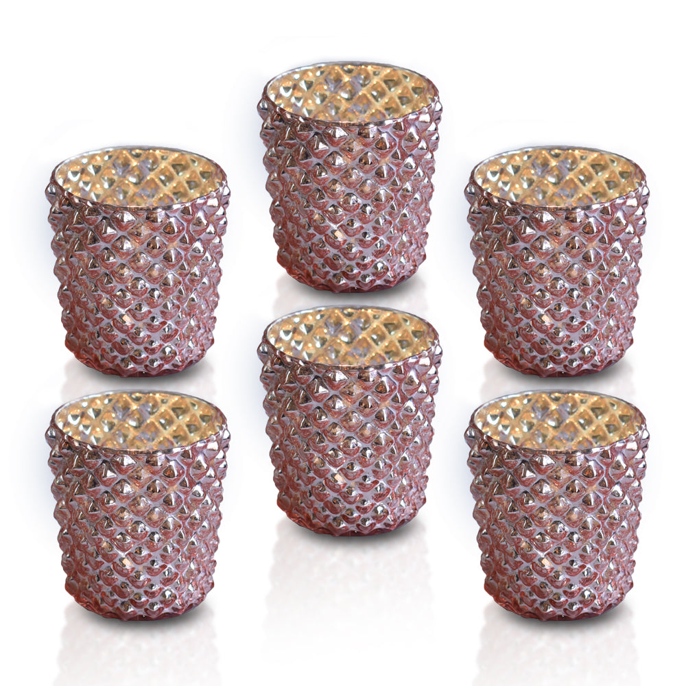 6 Pack | Vintage Mercury Glass Tealight Holders (2.5-Inch, Zariah Design, Rose Gold Pink) - For Use with Tea Lights - For Home Decor, Parties and Wedding Decorations - PaperLanternStore.com - Paper Lanterns, Decor, Party Lights &amp; More