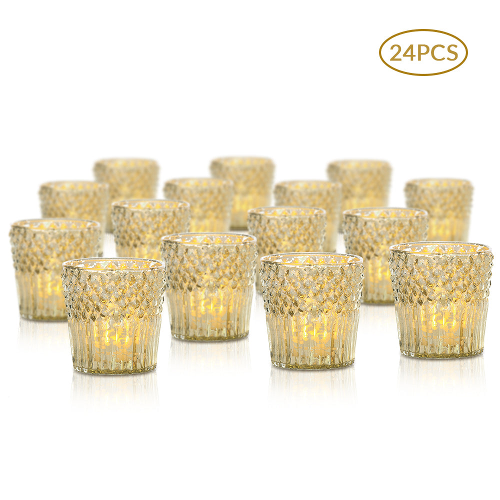 24 Pack | Vintage Mercury Glass Candle Holders (3-Inch, Ophelia Design, Gold) - For use with Tea Lights - For Home Decor, Parties and Wedding Decorations