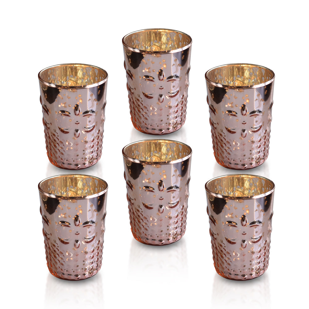 6 Pack | Fleur Mercury Glass Tealight Holders (Rose Gold Pink) For Use with Tea Lights - For Home Decor, Parties and Wedding Decorations - Mercury Glass Votive Holders - PaperLanternStore.com - Paper Lanterns, Decor, Party Lights &amp; More