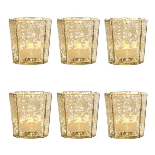 6 Pack | Vintage Mercury Glass Candle Holder (2.75-Inch, Patricia Design, Gold) - For Use with Tea Lights - For Home Decor, Parties, and Wedding Decorations - PaperLanternStore.com - Paper Lanterns, Decor, Party Lights & More
