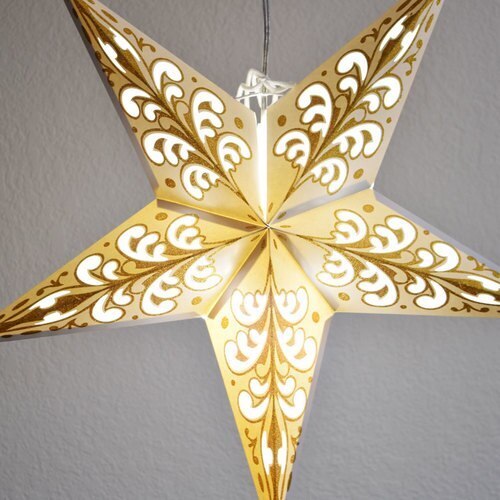 3-PACK + Cord | Gold Glitter Wave 24&quot; Illuminated Paper Star Lanterns and Lamp Cord Hanging Decorations - PaperLanternStore.com - Paper Lanterns, Decor, Party Lights &amp; More