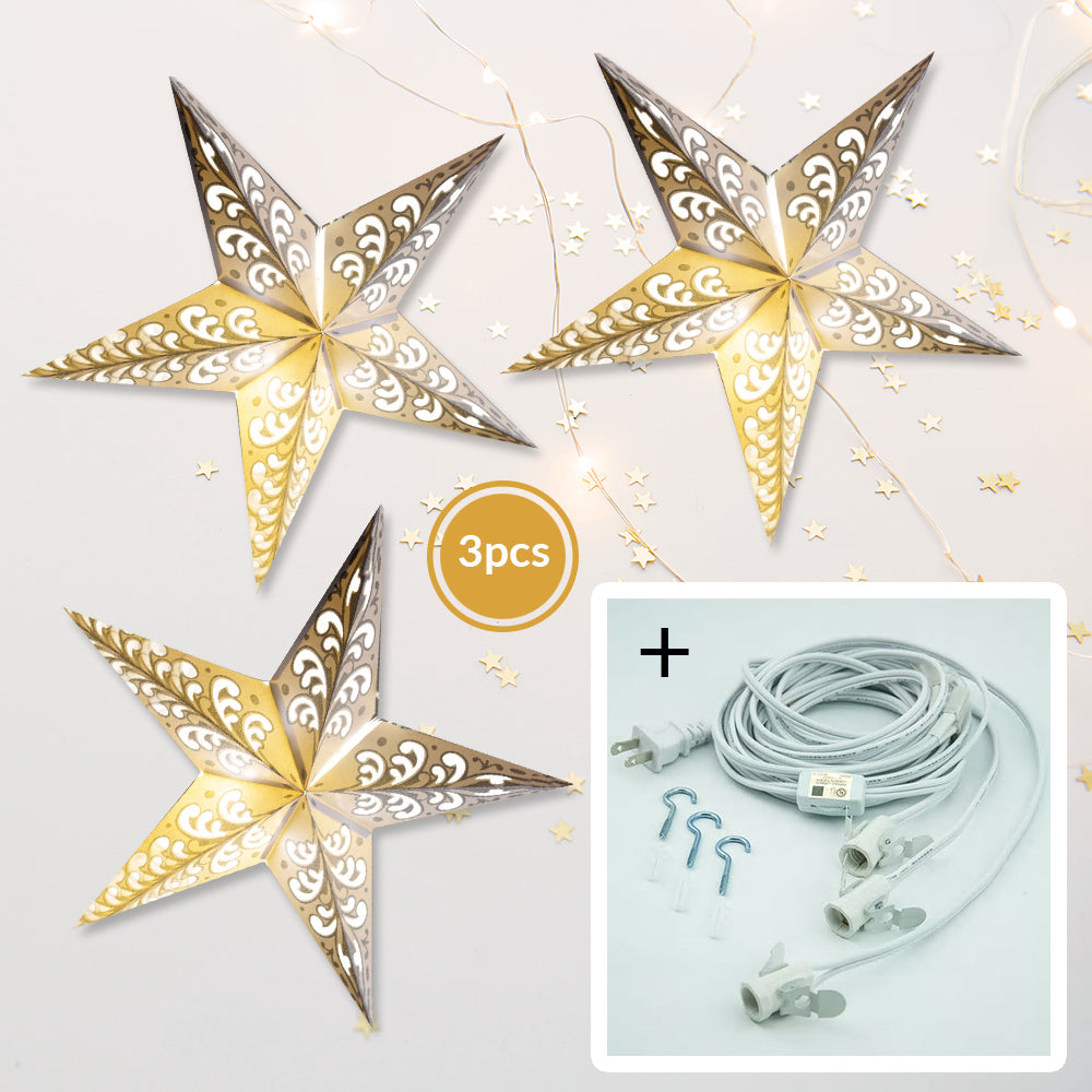 3-PACK + Cord | Silver Glitter Wave 24" Illuminated Paper Star Lanterns and Lamp Cord Hanging Decorations - PaperLanternStore.com - Paper Lanterns, Decor, Party Lights & More