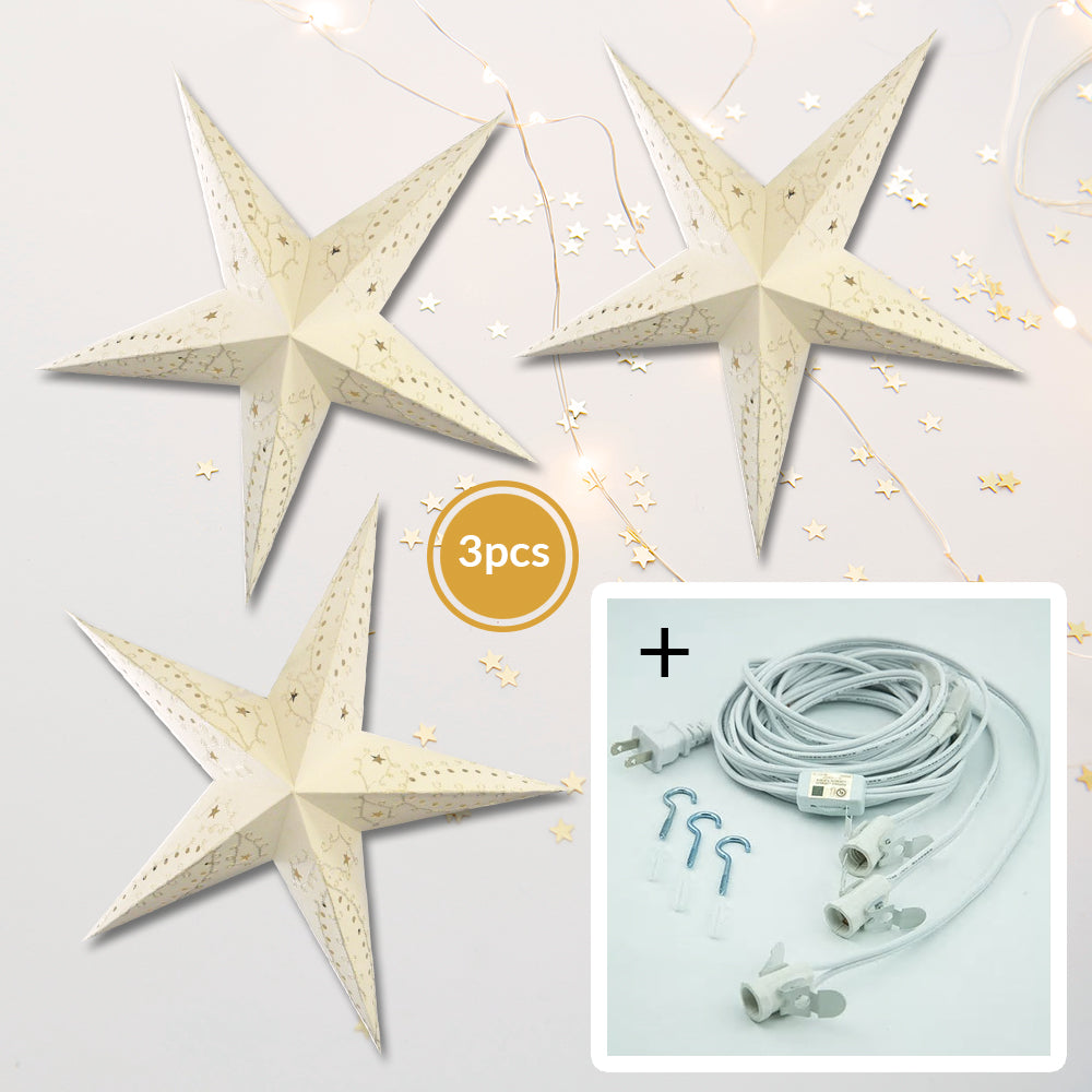 3-PACK + Cord | White Embroidery 24&quot; Illuminated Paper Star Lanterns and Lamp Cord Hanging Decorations - PaperLanternStore.com - Paper Lanterns, Decor, Party Lights &amp; More