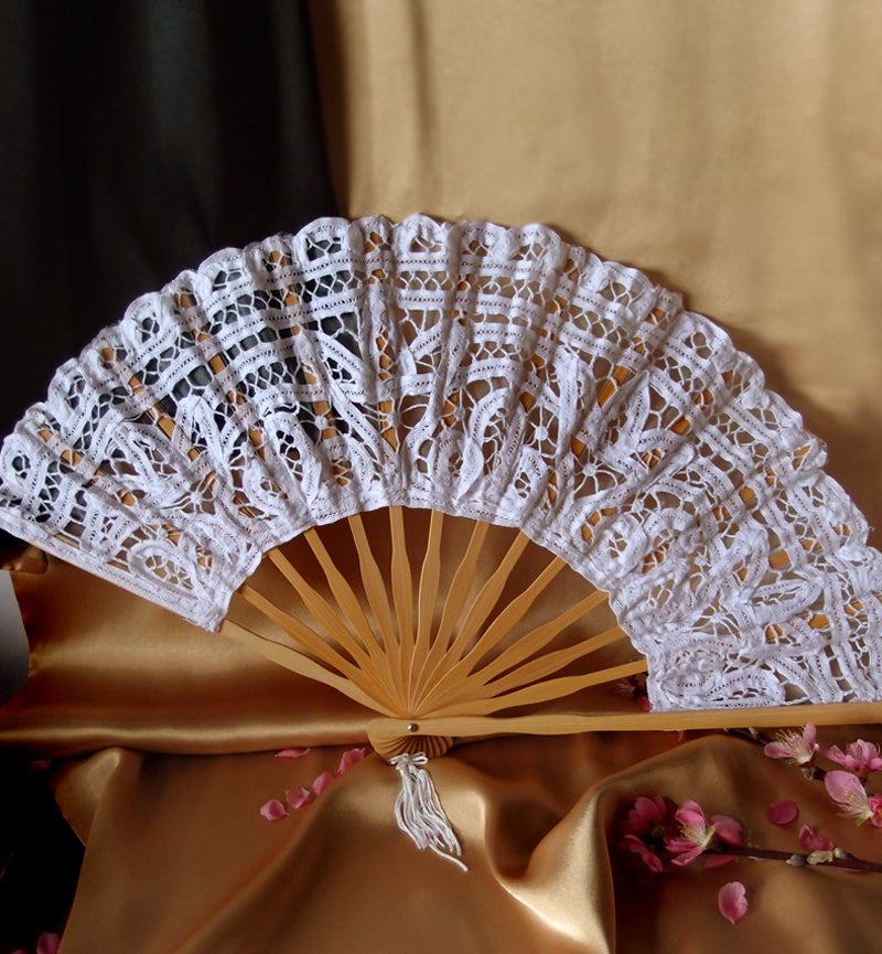 11&quot; White Lace Hand Fan for Weddings - PaperLanternStore.com - Paper Lanterns, Decor, Party Lights &amp; More