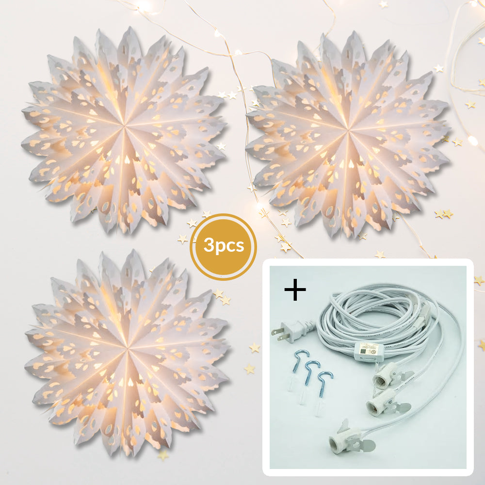 3-PACK + Cord | White Neve 24" Pizzelle Designer Illuminated Paper Star Lanterns and Lamp Cord Hanging Decorations - PaperLanternStore.com - Paper Lanterns, Decor, Party Lights & More