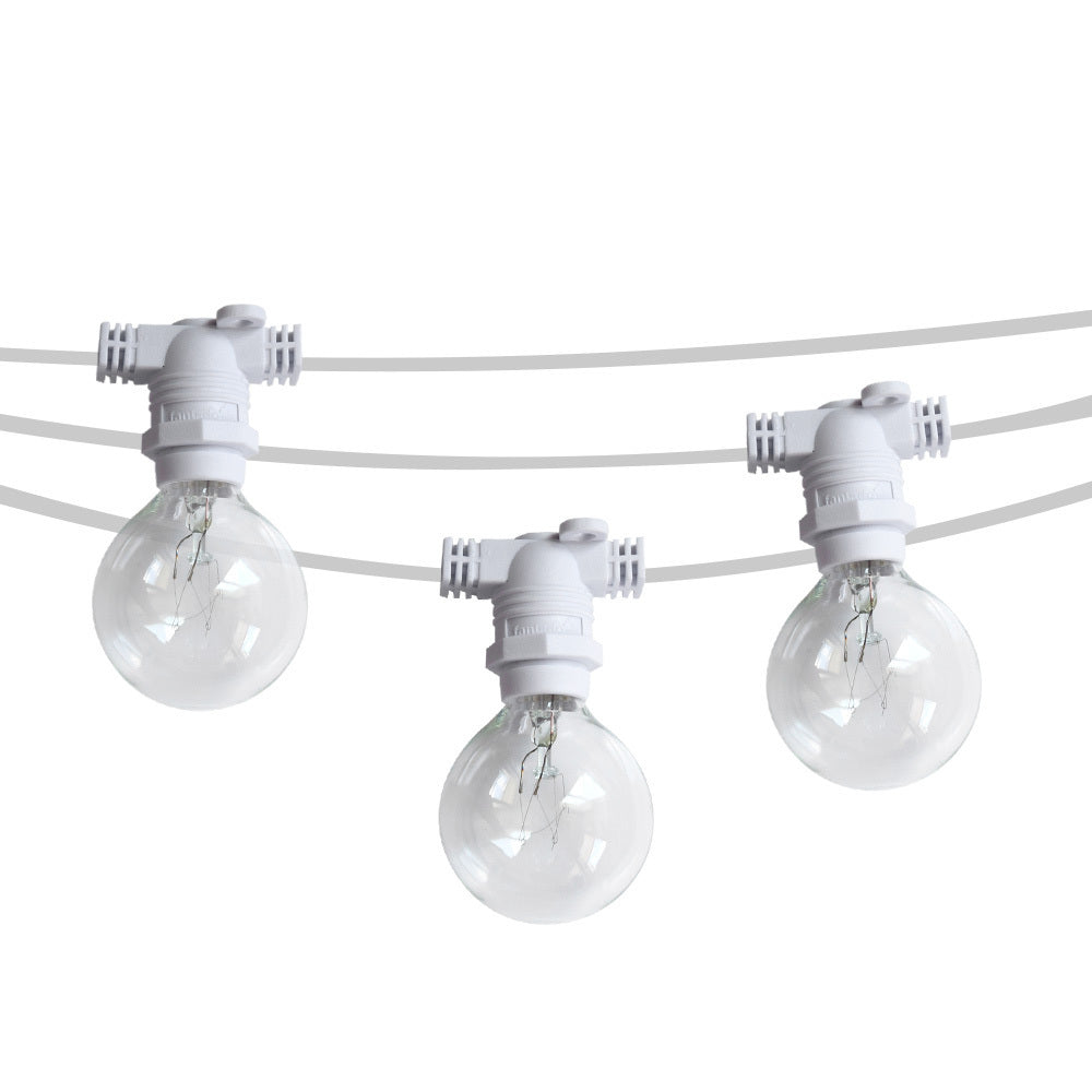 50 Socket Outdoor Commercial String Light Set, Clear Globe Bulbs, 54 FT White Cord w/ E12 C7 Base, Weatherproof