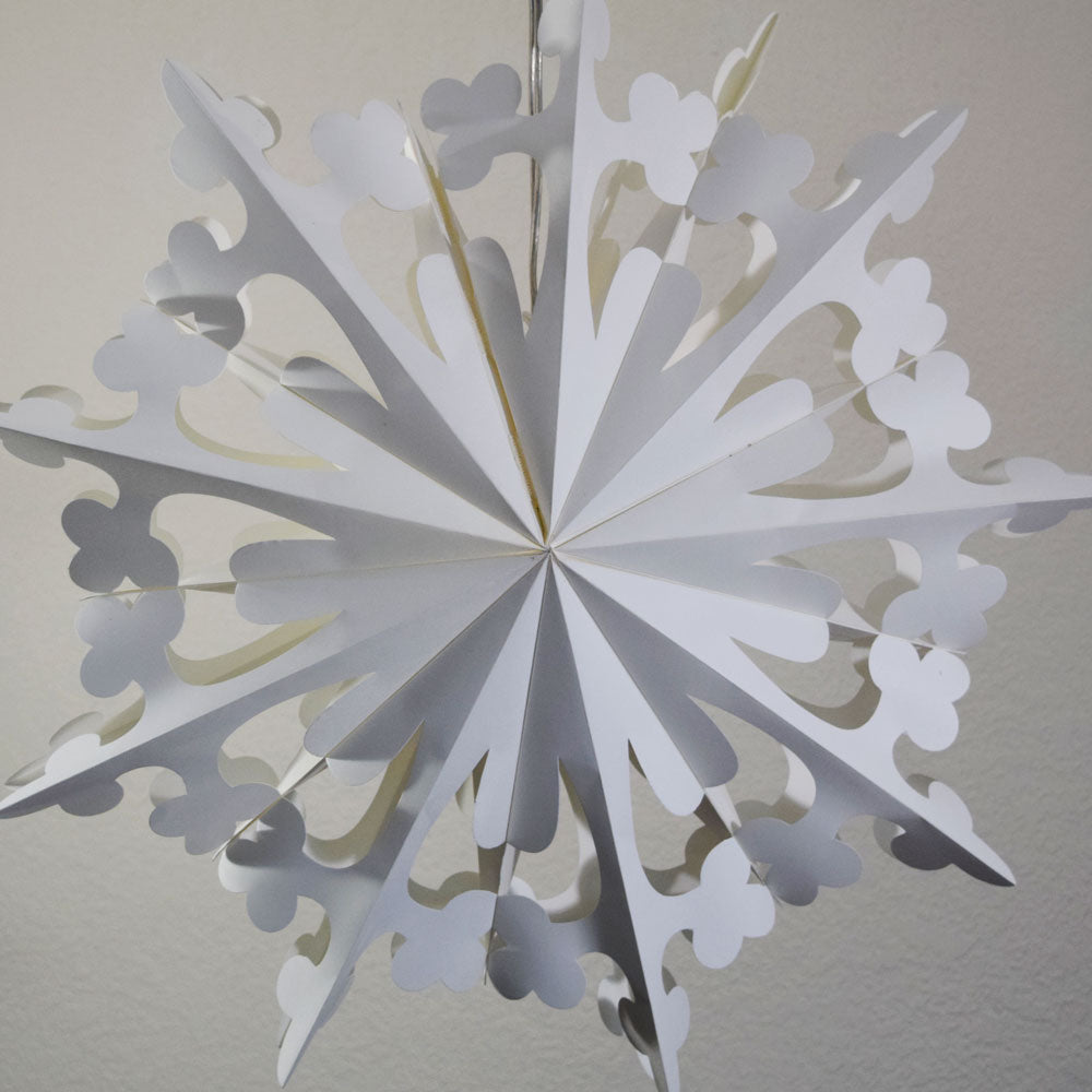 24" White Winter Clover Christmas Holiday Snowflake Paper Star Lantern, Hanging - PaperLanternStore.com - Paper Lanterns, Decor, Party Lights & More