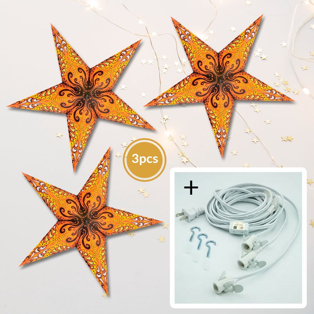 3-PACK + Cord | Yellow Splash 24" Illuminated Paper Star Lanterns and Lamp Cord Hanging Decorations - PaperLanternStore.com - Paper Lanterns, Decor, Party Lights & More