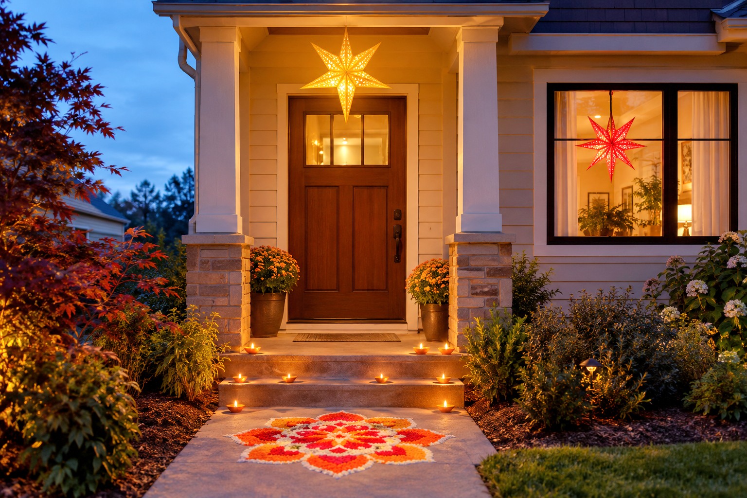 A front porch at dusk on Diwali, with a glowing gold paper star lantern above the door, a red star lantern in the front window, lit diyas along the steps and a rangoli on the walkway