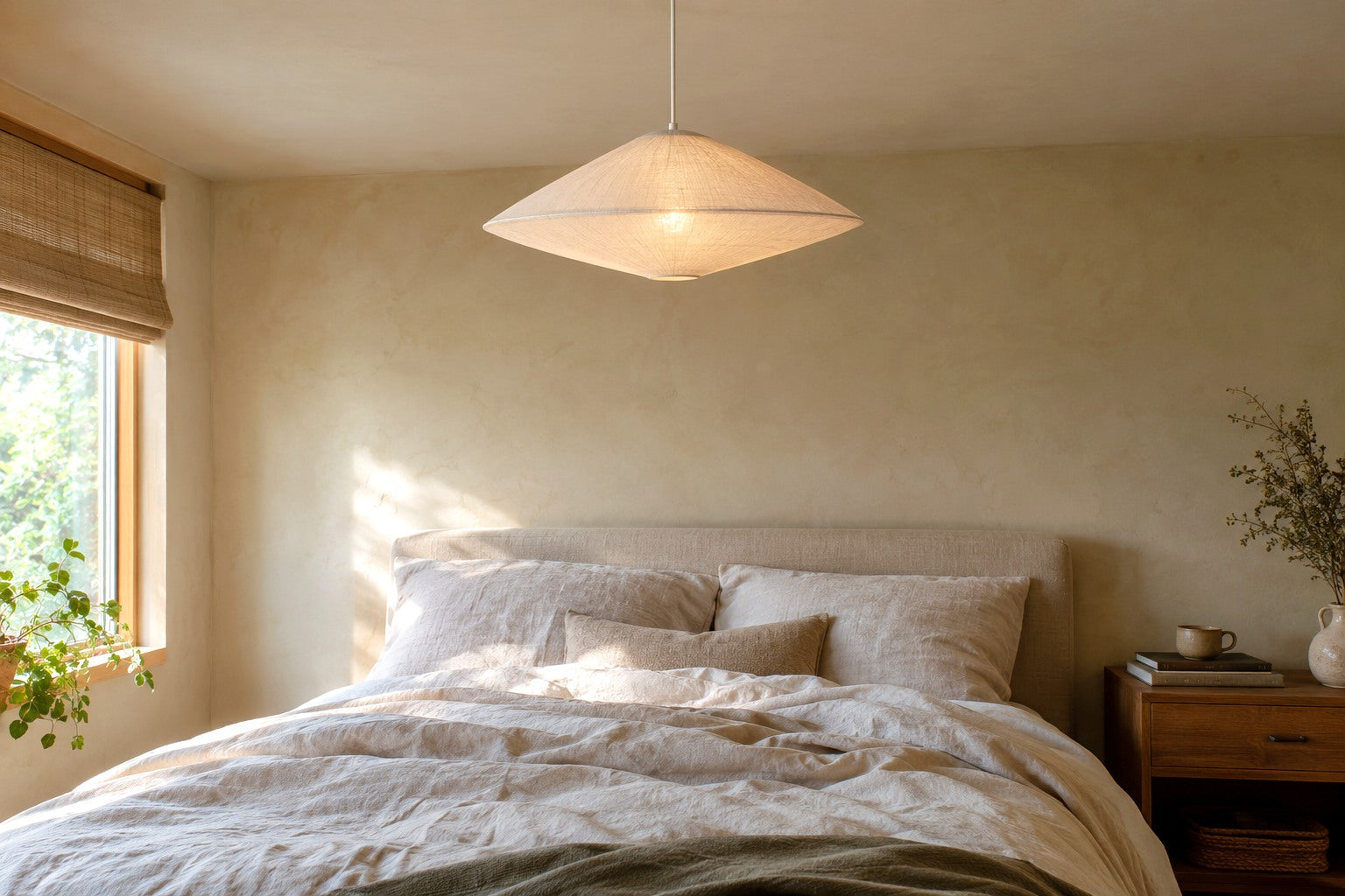 A wide, flat white-beige linen lantern lampshade glowing warm above a queen bed in a bedroom with an 8-foot ceiling