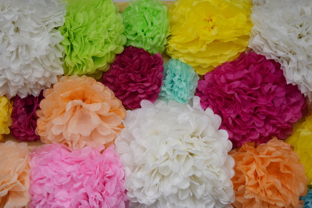 DIY Bridal Shower Tissue Paper Pom Pom Backdrop