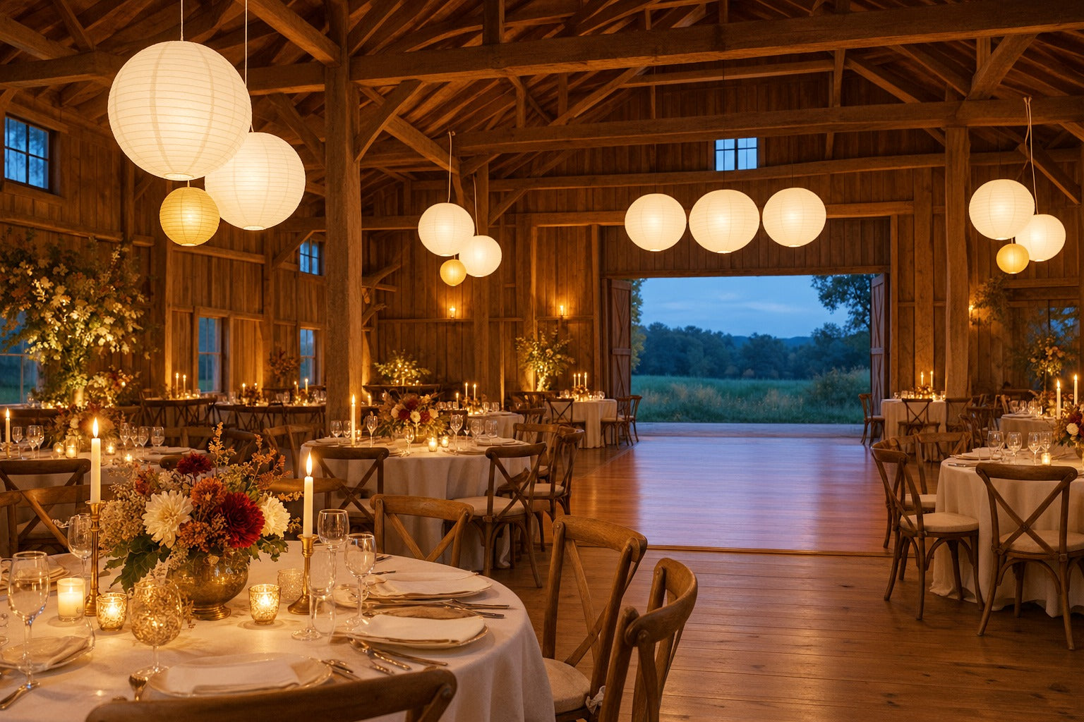 Rustic barn wedding reception at dusk with clusters of white and gold paper lanterns glowing over each guest table and three large white lanterns over the dance floor