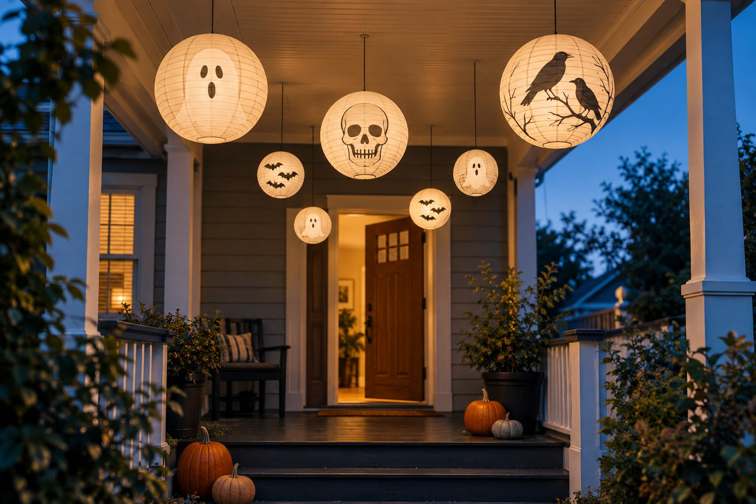 Halloween paper lanterns with ghost, skull and crow designs hanging at staggered heights from a covered porch ceiling at dusk, each lit by a warm white LED