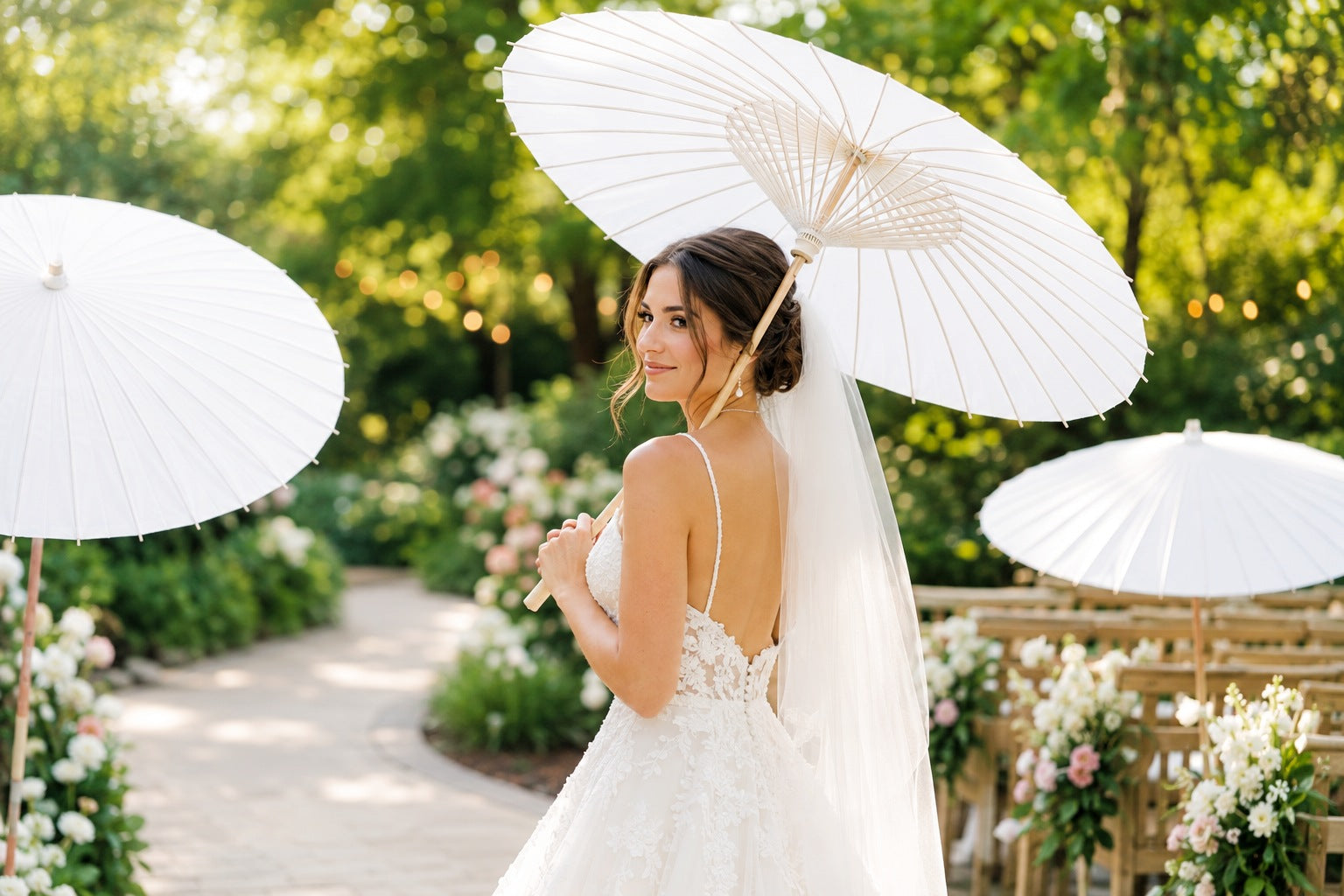 White nylon wedding parasols styled along an outdoor summer ceremony aisle
