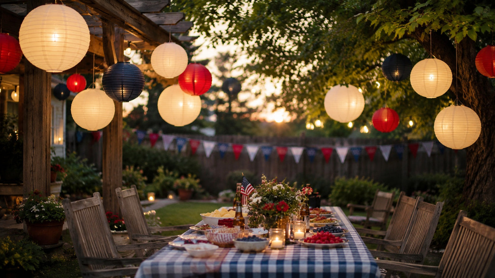 Red, white, and blue paper lanterns glowing at golden hour over a Fourth of July backyard party