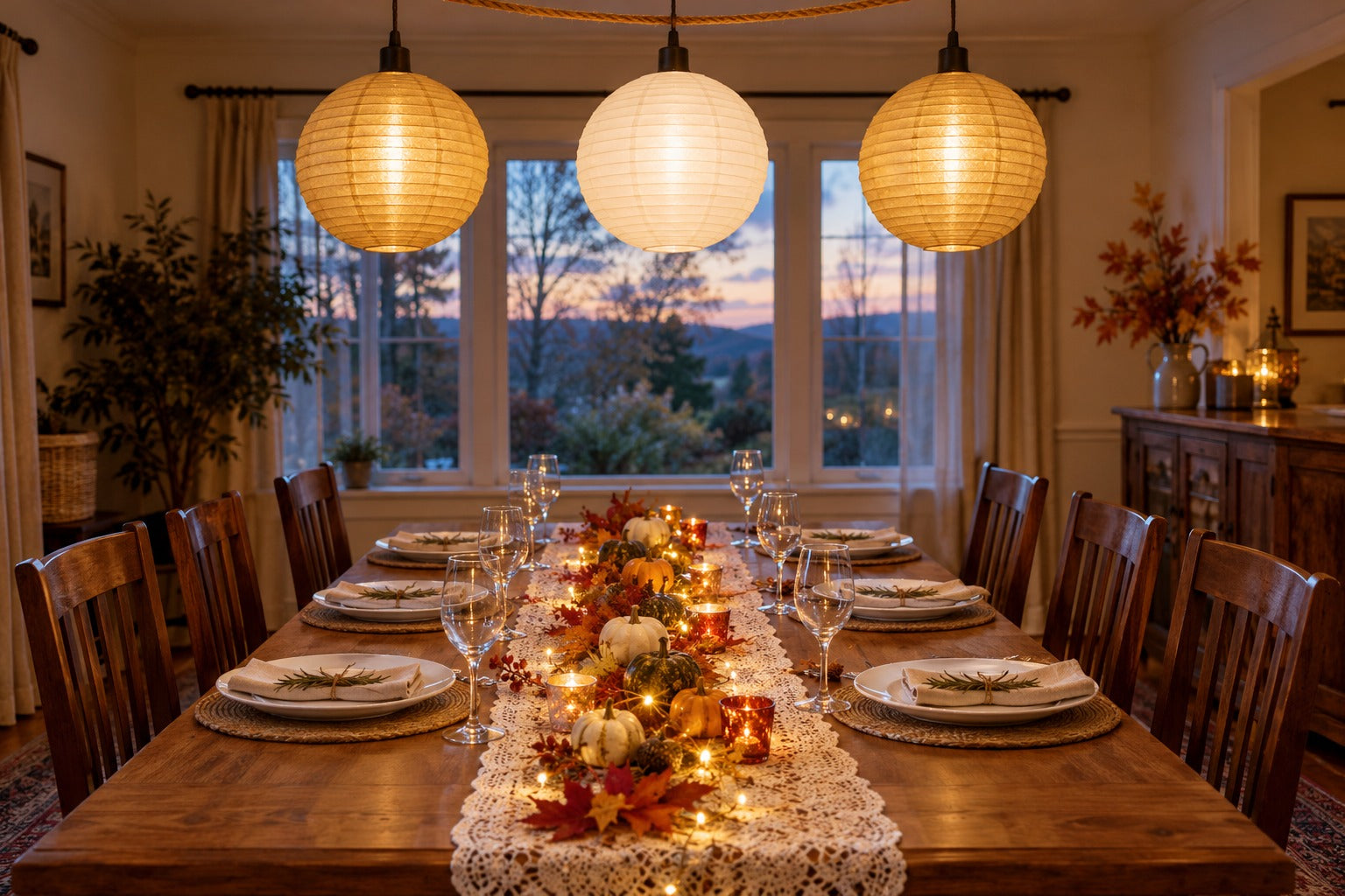 A Thanksgiving table set for eight at dusk, with three round paper lanterns hanging in a row above it, white in the middle and gold at each end, glowing warm over a lace runner with fairy lights, small pumpkins and autumn leaves