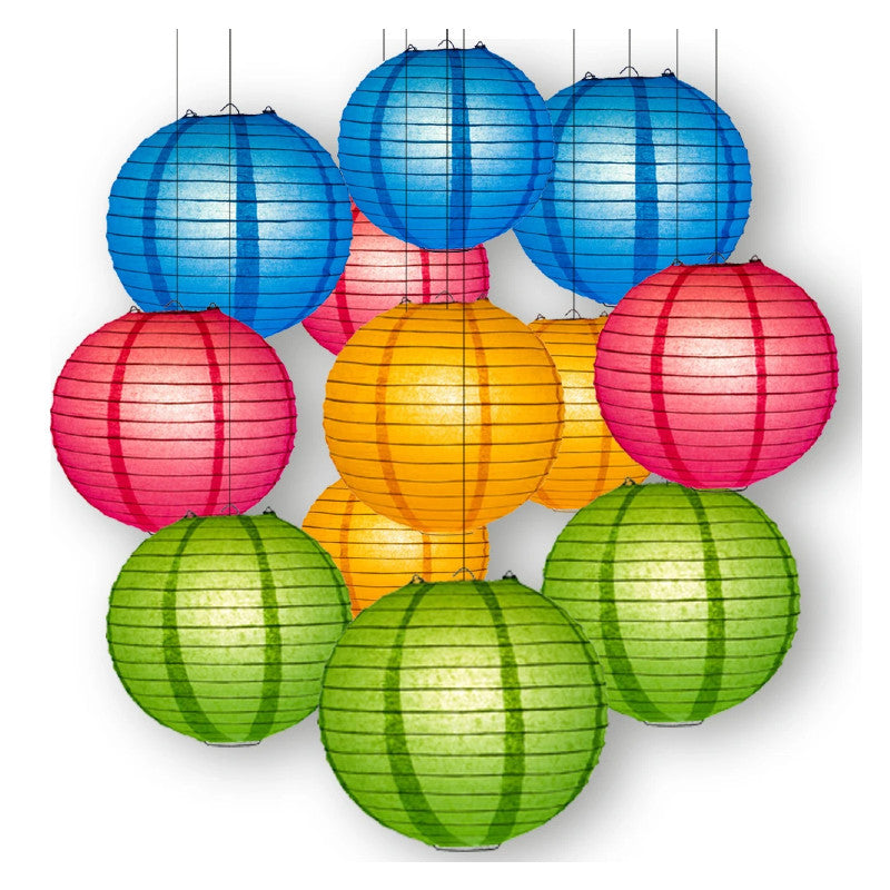 White round paper lanterns in even and crisscross ribbing styles