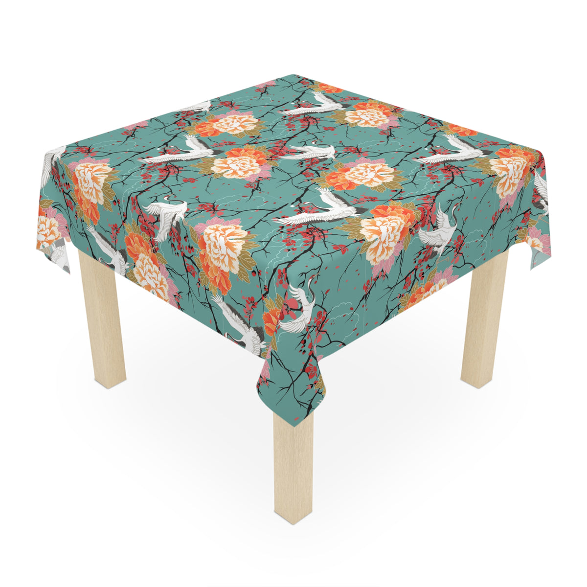 Decorative Tablecloth with Cherry and Crane Design, Durable Polyester (55.1&quot; x 55.1&quot;)